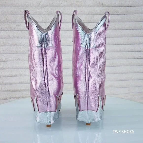 Show Off By Azalea Wang Silver Metallic Fold Over Western Wedge Ankle Boots - Picture 6 of 10